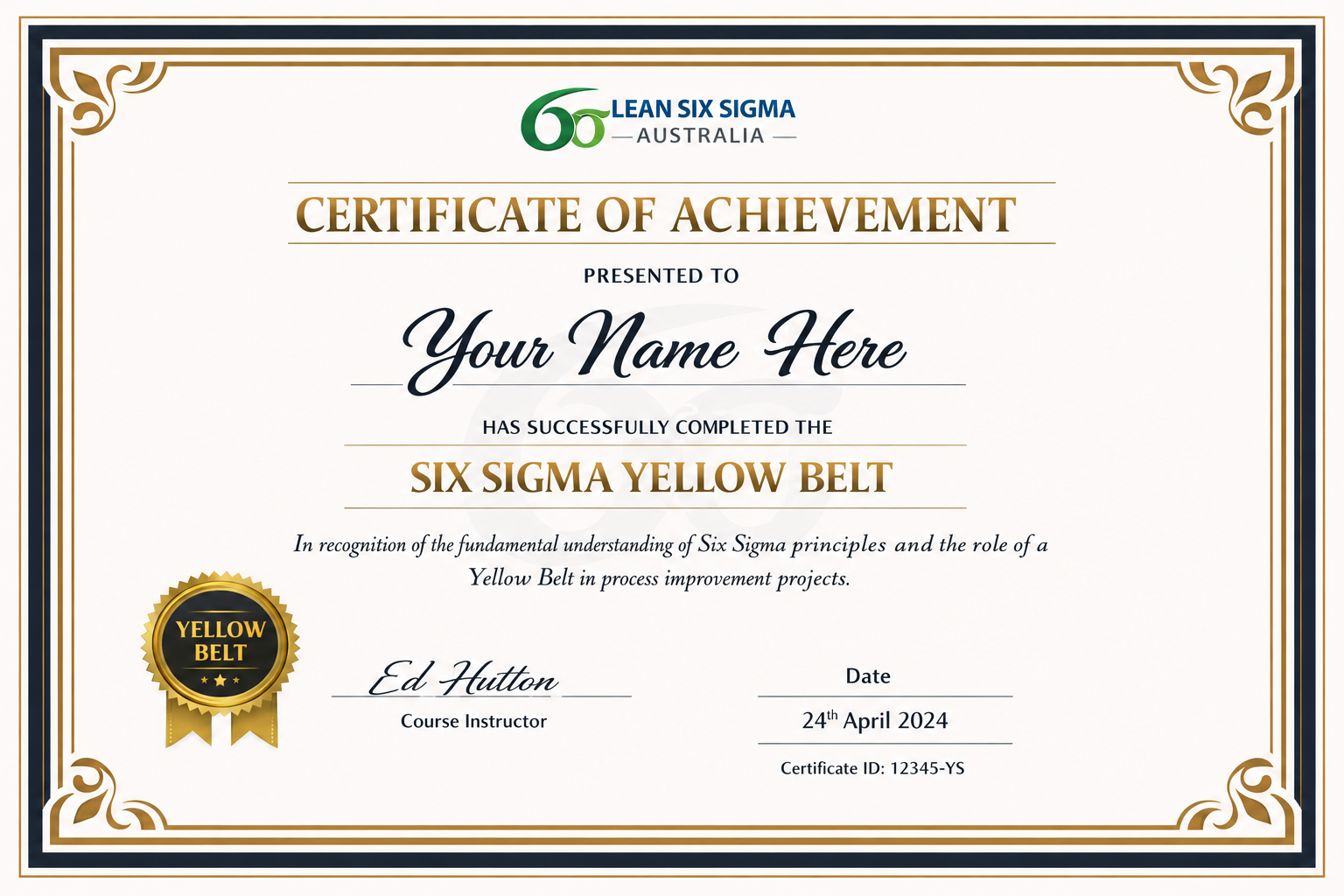 Yellow Belt Sample Certificate