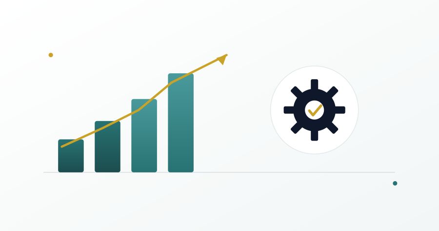 Rising bar chart with an upward trend line next to a gear icon with a checkmark, representing productivity gains from process improvement